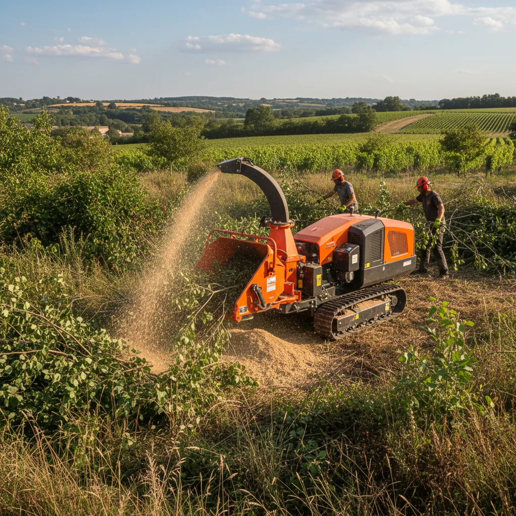 Green waste shredding with a professional chipper in Charente